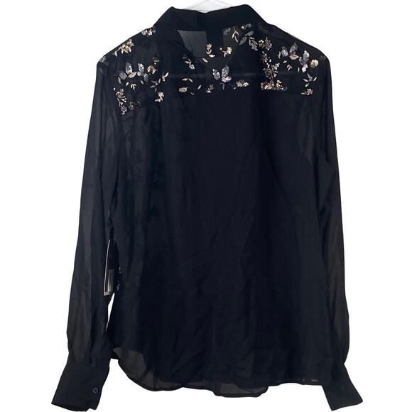 Worthington Blouse Women's Large Semi-Sheer Embroidered Sequins Floral Collared - Picture 2 of 6